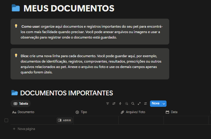 Organização de documentos no painel CHEGOU MEU PET!
